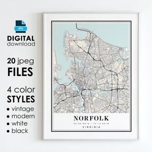 NORFOLK VA Map - Printable Digital Art - Norfolk Virginia City Poster Map - Digital Instant Download