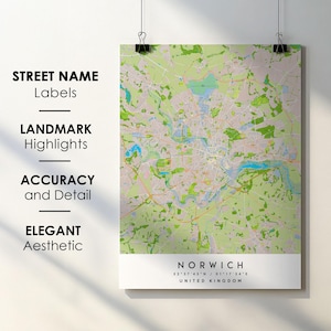 Norwich Verenigd Koninkrijk stadskaart print poster kunst met straatnaam - kaart van Europa - instant digitale download afdrukbare kaart