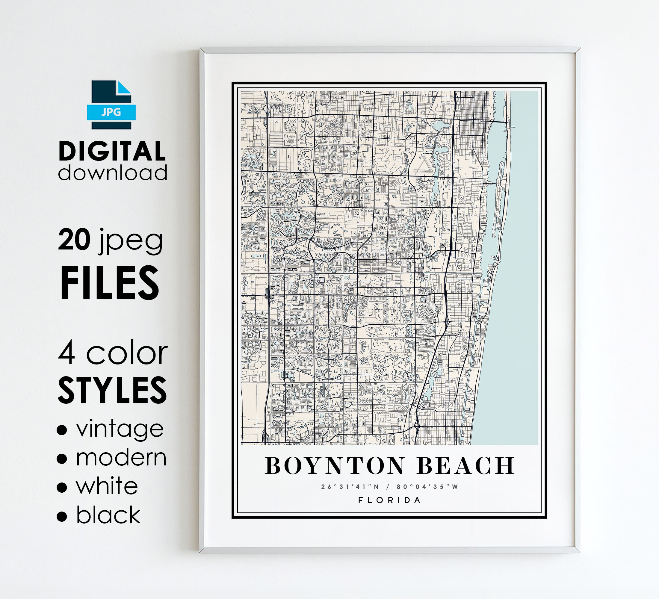 Boynton Beach Florida Map Art Print: Modern, Vintage, Black, White (digital  Download) - Etsy, image size:2200x2000