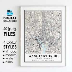WASHINGTON DC Map - Printable Digital Art - Washington DC District of Columbia City Poster Map - Digital Instant Download