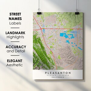 プレザントン（カリフォルニア州）市街地図印刷ポスター（通り名入り）デジタルダウンロード（即時）、プレザントン（カリフォルニア州）印刷可能地図