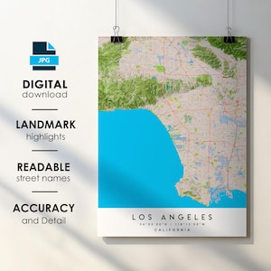 Los Angeles CA Stadt Karte Print Poster mit Straßenname Sofortiger digitaler Download, Los Angeles Kalifornien druckbare Karte
