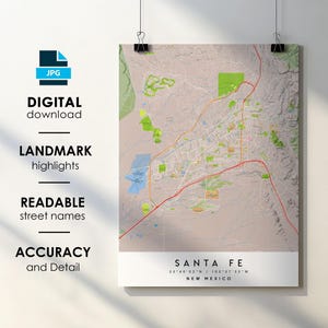 Santa Fe NM City Map Print Poster with Street Name Instant Digital Download, Santa Fe New Mexico Printable Map