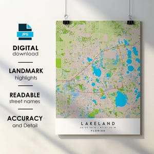 Lakeland FL City Map Print Poster with Street Name Instant Digital Download, Lakeland Florida Printable Map