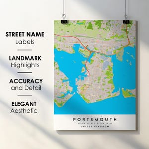 Póster impreso con mapa de la ciudad de Portsmouth, Reino Unido, con nombre de calle - Mapa de Europa - Descarga digital instantánea - Mapa imprimible