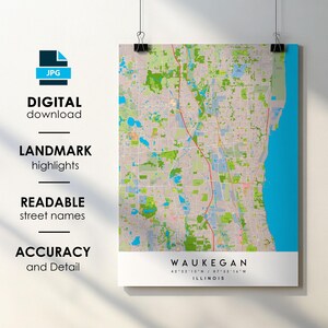 Waukegan IL City Map Print-Poster mit Straßenname Sofortiger digitaler Download, Waukegan, Illinois druckbare Karte