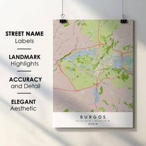 Burgos Spanien Stadt Karte Print Poster Kunst mit Straßenname - Karte von Europa - Sofortiger digitaler Download druckbare Karte