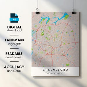 Greensboro NC City Map Print Poster with Street Name Instant Digital Download, Greensboro North Carolina Printable Map