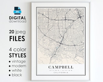 Campbell California Map Kunstdruck: Modern, Vintage, schwarz, weiß (Digitaler Download)