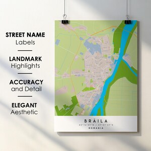 Brăila-Roemenië-stadskaart afdrukken posterkunst met straatnaam - kaart van Europa - afdrukbare kaart instant digitale download downloaden