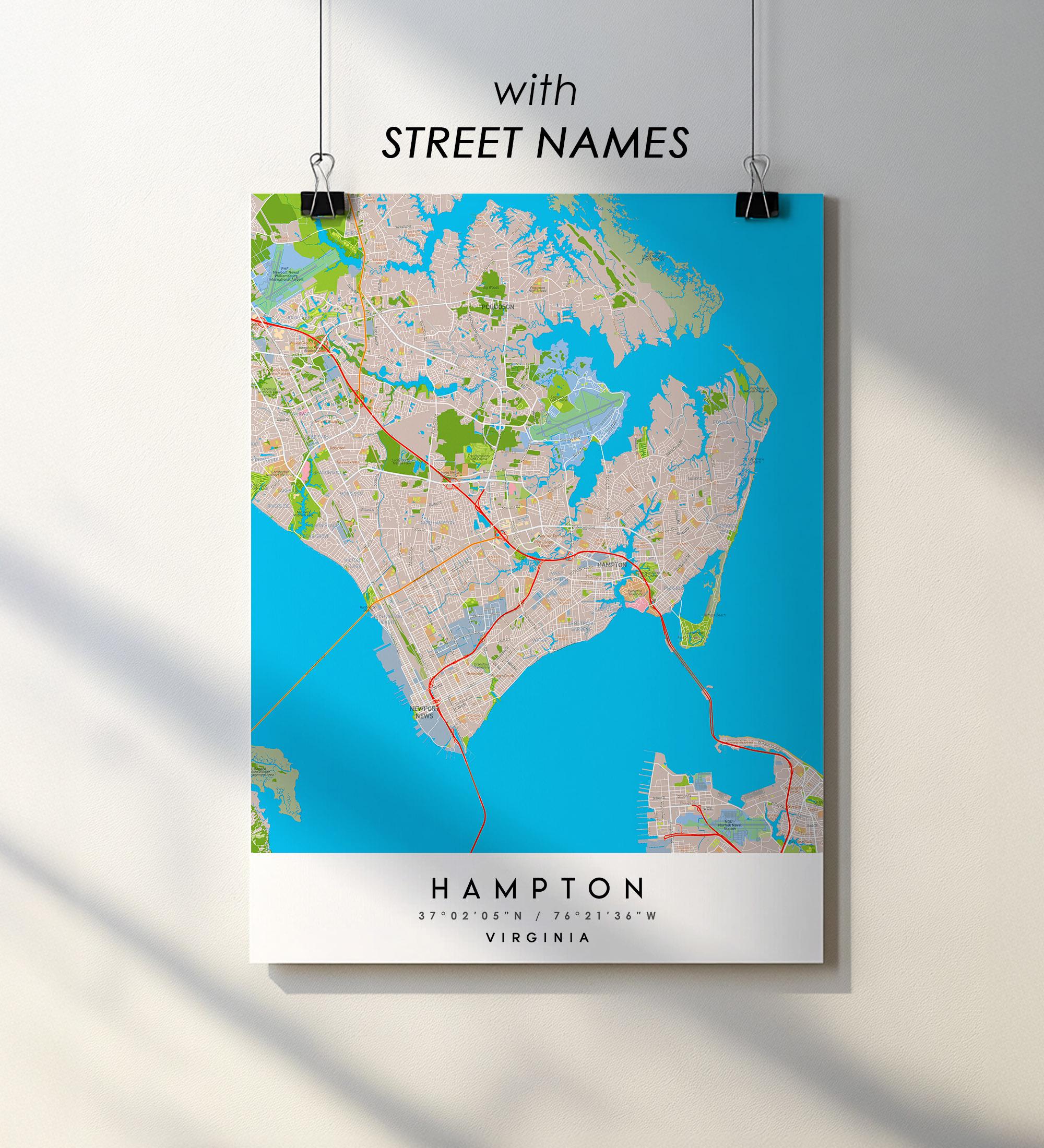 Hampton VA City Map Print Poster With Street Names (digital