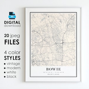 May include: A printable map of Bowie, Maryland, in black and white. The map shows the city's streets and roads. The text "BOWIE" and "MARYLAND" are printed at the bottom of the map.