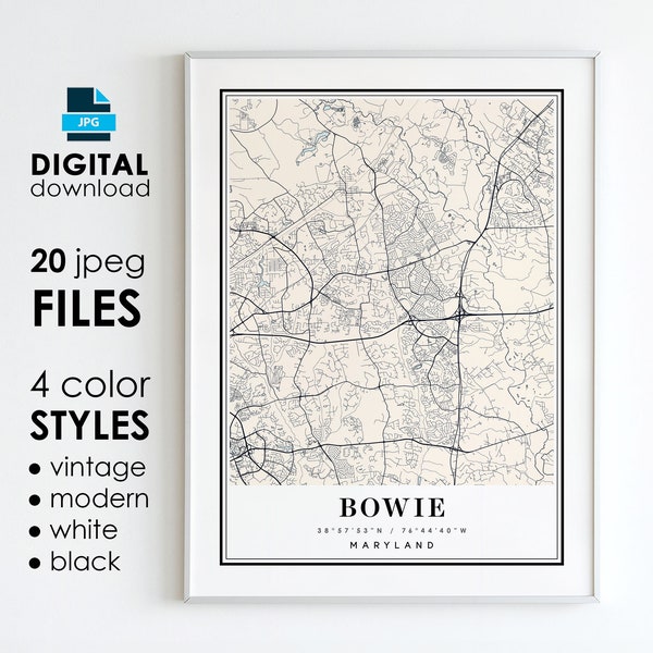 BOWIE MD Map - Printable Digital Art - Bowie Maryland City Poster Map - Digital Instant Download