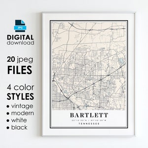 May include: A printable map of Bartlett, Tennessee, in four colour styles: vintage, modern, white, and black. The map shows the city's streets, roads, and landmarks. The map is available as a digital download in 20 jpeg files.