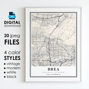 Puede incluir: Un mapa imprimible de Brea, California, en un marco blanco. El mapa es de estilo vintage con líneas negras y fondo crema. El nombre de la ciudad y las coordenadas están impresas en la parte inferior del mapa.