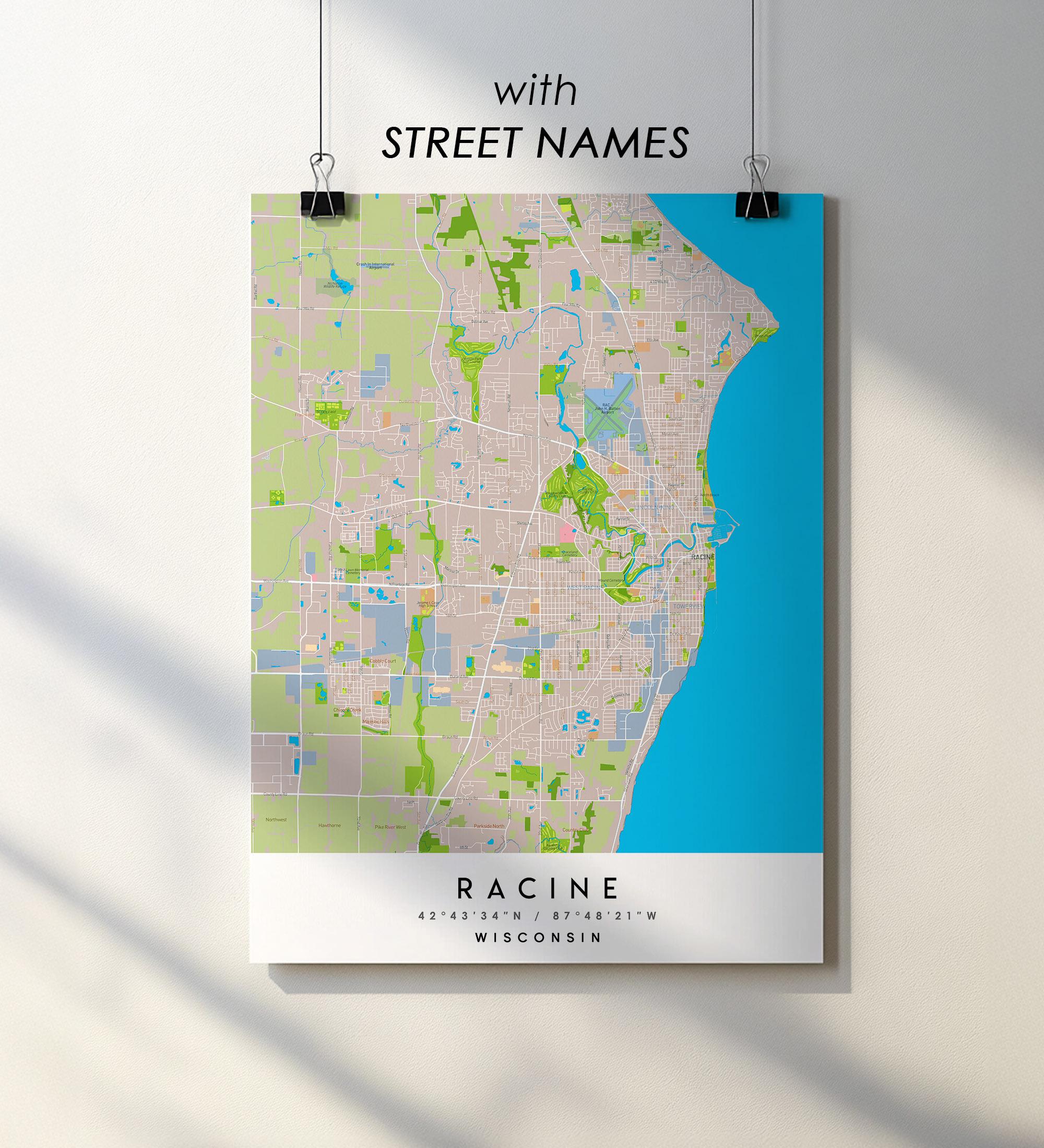 Racine WI City Map Art Print With Street Names (digital Download