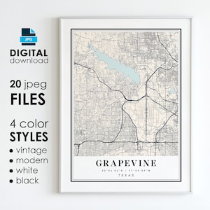 May include: A printable map of Grapevine, Texas, with a vintage style design. The map shows the city's streets, roads, and landmarks, including Grapevine Lake. The map is in black and white with a light beige background.