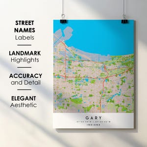 Gary IN City Map Print Poster with Street Name Instant Digital Download, Gary Indiana Printable Map