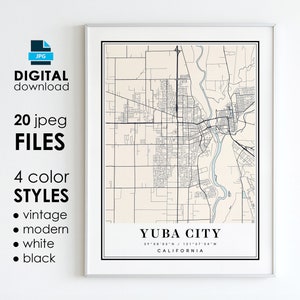 Yuba City California Map Art Print: Modern, Vintage, Black, White (Digital Download)