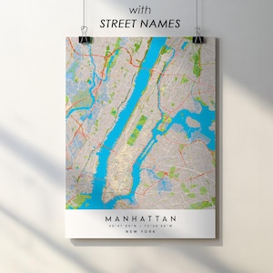 Póster impreso del mapa de Manhattan, NY, con nombres de calles (descarga digital)
