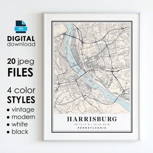Harrisburg Pennsylvania Map Art Print: Modern, Vintage Styles (Digital Download)