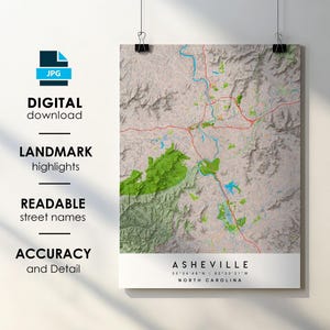 Asheville NC City Map Print Poster with Street Name Instant Digital Download, Asheville North Carolina Printable Map
