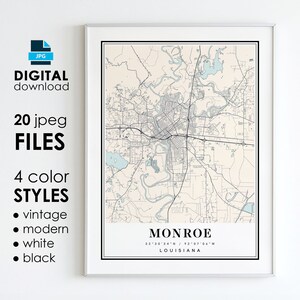 May include: A printable map of Monroe, Louisiana, in four colour styles: vintage, modern, white, and black. The map shows the city's streets, waterways, and landmarks. The map is labelled with the city's name, coordinates, and state.