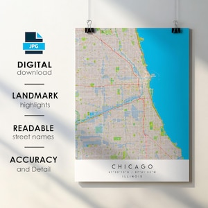 Chicago IL City Map Print Poster with Street Name Instant Digital Download, Chicago Illinois Printable Map