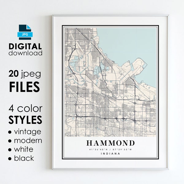 HAMMOND IN Map - Printable Digital Art - Hammond Indiana City Poster Map - Digital Instant Download