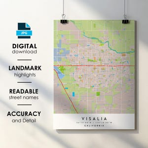 Visalia CA City Map Print Poster with Street Name Instant Digital Download, Visalia California Printable Map