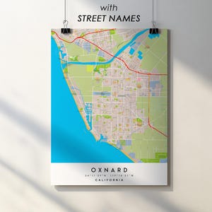 Plakat z mapą miasta Oxnard w Kalifornii z nazwami ulic (do pobrania w wersji cyfrowej)