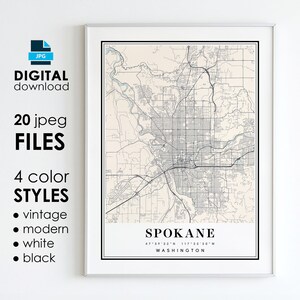 Carte de SPOKANE, WA, art numérique imprimable, affiche de carte de la ville de Spokane, Washington, téléchargement numérique instantané