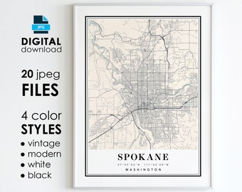 SPOKANE WA Map - Printable Digital Art - Spokane Washington City Poster Map - Digital Instant Download