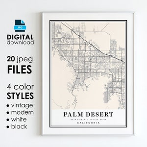Könnte beinhalten: Eine druckbare Karte von Palm Desert, Kalifornien, im Vintage-Stil. Die Karte zeigt die Straßen und Sehenswürdigkeiten der Stadt. Die Karte ist in 20 JPEG-Dateien und 4 Farbstilen verfügbar: Vintage, modern, weiß und schwarz.