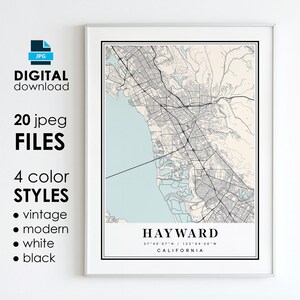 HAYWARD CA kaart - afdrukbare digitale kunst - Hayward Californië City Poster kaart - digitale Instant Download