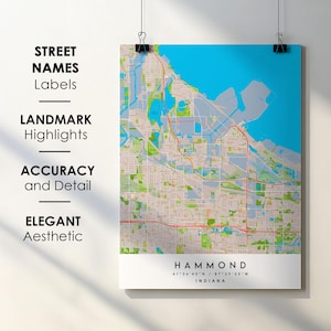 Hammond IN City Map Print Poster with Street Name Instant Digital Download, Hammond Indiana Printable Map
