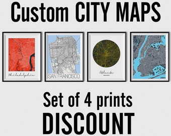 May include: Set of four city map prints featuring Philadelphia, San Francisco, Atlanta, and New York City. The prints are in black frames and have a white background. The text "Custom City Maps" and "Set of 4 prints DISCOUNT" is visible below the prints.