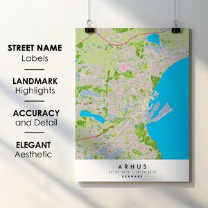 Arrhus Denemarken stadskaart print poster kunst met straatnaam - kaart van Europa - instant digitale download afdrukbare kaart