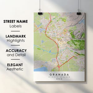 Grenade Espagne ville carte impression affiche d'art avec nom de rue - carte de l'Europe - carte imprimable en téléchargement numérique instantané