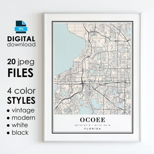 Può includere: Una mappa stampabile di Ocoee, in Florida, in stile vintage. La mappa è in bianco e nero con accenti blu. La mappa mostra le strade, i parchi e i corsi d'acqua della città. La mappa è incorniciata in una cornice bianca.