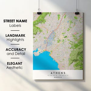 Athen Griechenland Stadt Karte Drucken Poster Kunst mit Straßenname - Karte von Europa - Sofortiger digitaler Download druckbare Karte
