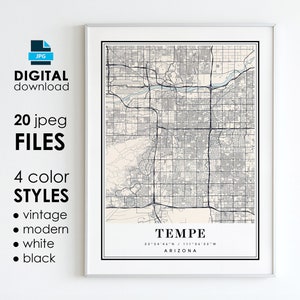 May include: A framed map print of Tempe, Arizona, in a neutral colour palette. The map details streets and landmarks, with the city name and coordinates at the bottom. Text on the left indicates it's a digital download with 20 JPEG files and 4 colour styles.