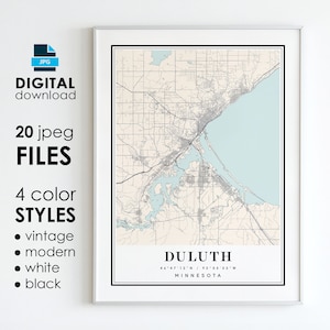 Mapa de Duluth, MN - Arte Digital para Impressão - Mapa em Pôster da Cidade de Duluth, Minnesota - Download Digital Instantâneo