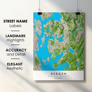Bergen Norway City Map Print Poster Art with Street Name - Map of Europe - Instant Digital Download Printable Map