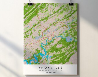 Mappa della città di Knoxville, Tennessee, stampata su poster con nomi delle strade (download digitale)