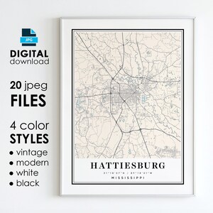 HATTIESBURG MS Map - Printable Digital Art - Hattiesburg Mississippi City Poster Map - Digital Instant Download