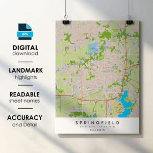 Springfield IL City Map Print Poster mit Straßenname Sofortiger digitaler Download, Springfield IL Illumina druckbare Karte