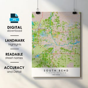 South Bend Indiana City Map Art Print with Street Names (Digital Download)