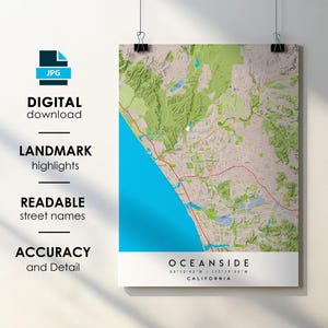 Oceanside CA City Map Print Poster with Street Name Instant Digital Download, Oceanside California Printable Map