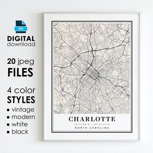 CHARLOTTE NC carte - art numérique imprimable - carte affiche de la ville de Charlotte en Caroline du Nord - téléchargement numérique instantané